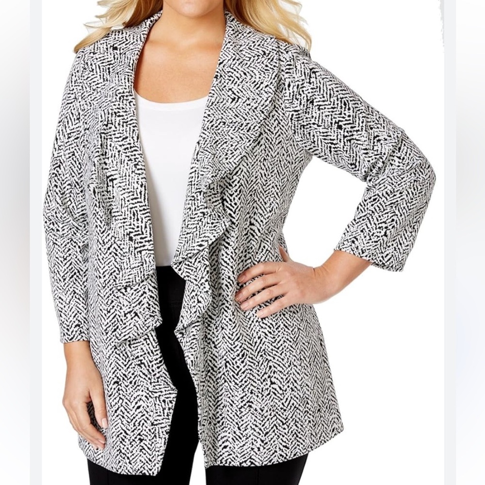 CALVIN KLEIN Black & White Ruffled Open Front Monochrome Blazer Jacket 12 NWOT